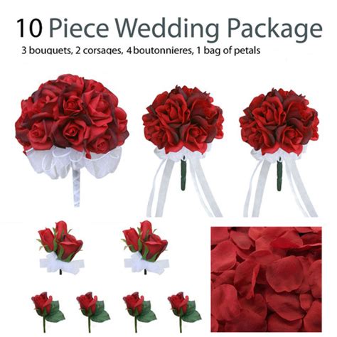 10 Piece Red Silk Wedding Flower Package Red Rose Silk Flower Bridal