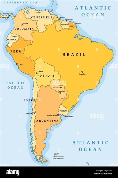 América Del Sur La División Política Mapa Ilustración Vectorial