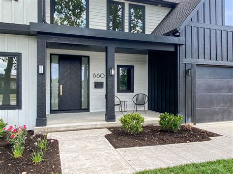 Modern Industrial Farmhouse Front Porch With Herringbone Pattern Entry