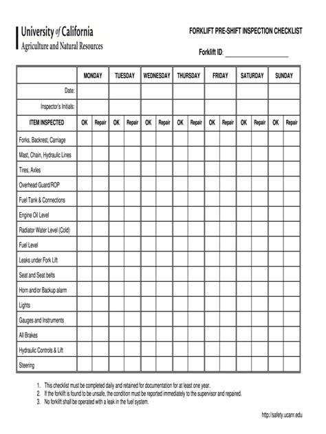 Printable Free Weekly Forklift Inspection Checklist Template
