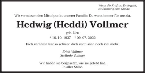 Traueranzeigen Von Hedwig Vollmer Saarbruecker Zeitung Trauer De