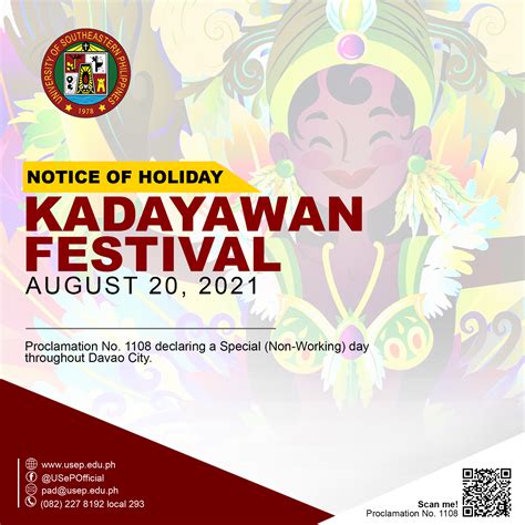 notice of holiday august 20 2021 kadayawan festival university of southeastern philippines