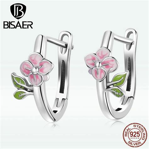 Buy BISAER Sterling Silver Enamel Pink Realistic Cherry Blossom And Tree Leaf Earrings