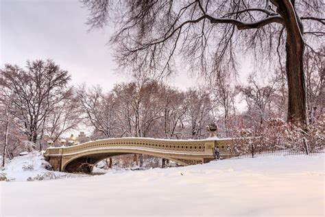 Central Park New York City Bow Bridge After Snow Storm Stock Photo