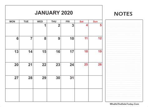 Blank Calendar January 2020 Printable Fillable Template Notes Blank