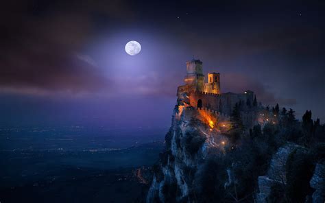 Landscape Nature Fortress Castle San Marino Moon Starry Night