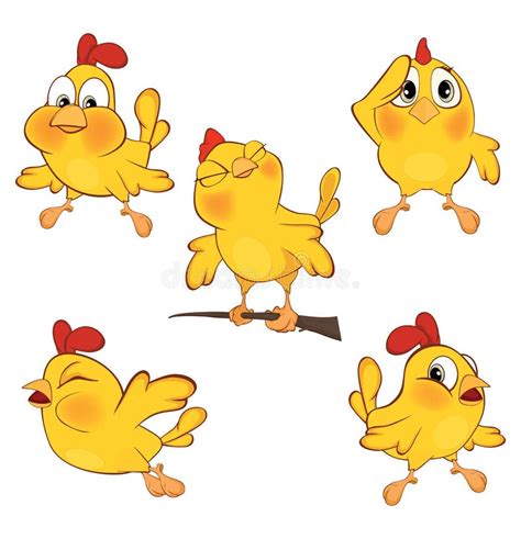 Illustration Of A Set Of Cute Cartoon Yellow Chickens Stock Vector