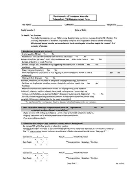 Tuberculosis Tb Risk Assessment Form Printable Pdf Download