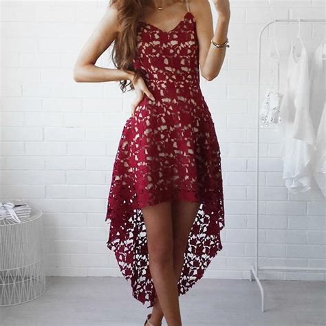 Hualong Strap V Neck Sleeveless Red Lace Dress Online Store For Women