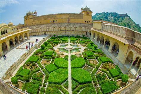 Beautiful Aerial View Of The Garden Of Amber Fort In Jaipur India