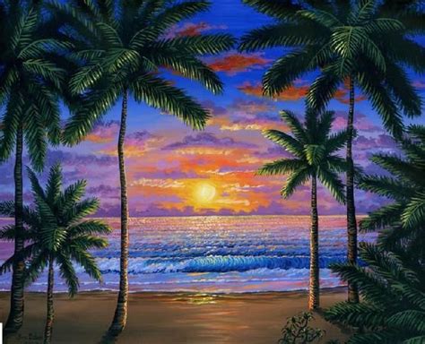 Tropical Beach At Sunset Painting Picture In 2019 Beach Sunset