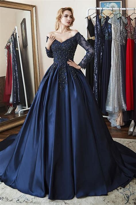 Ball Gown Long Sleeves Off Shoulder Beaded Navy Blue Quinceanera Dress