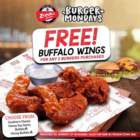 Zarks Burgers Free Buffalo Wings On Monday Manila On Sale