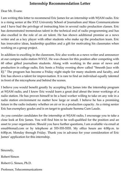 Sample Recommendation Letter For Internship Writing Tips Images