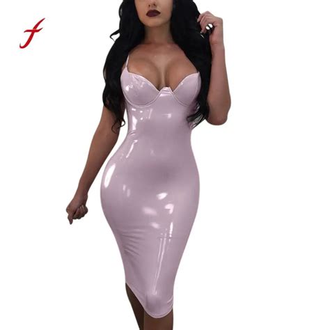 Buy Sexy Women Sleeveless Bodycon Evening Synthetic Leather Slim Hips Dress