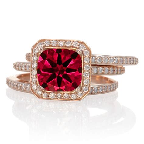 250 Carat Perfect Princess Cut Ruby And Diamond Trio Halo Wedding Ring