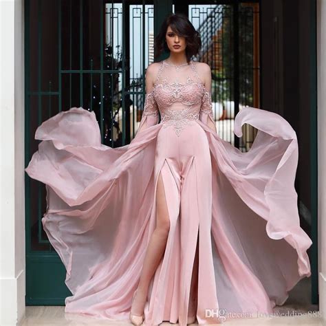 2020 Blush Pink Pant Suit Prom Dresses With Chiffon Overskirts Lace