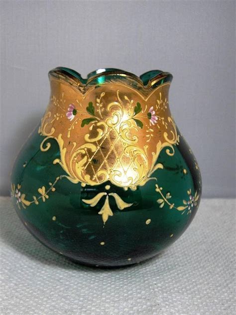 Antique Bohemian Czech Moser Glass Gilded Gold Enameled Green Floral Ornate Vase 3 1 4 Art Of