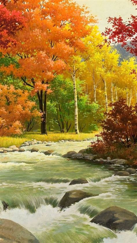 Autumn Landscape Painting River Wood Идеи озеленения