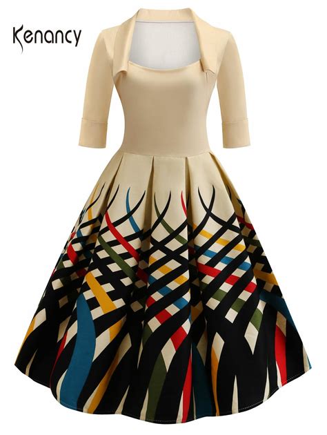 Kenancy Vintage Dress Women Spring Printed Half Sleeve Square Collar