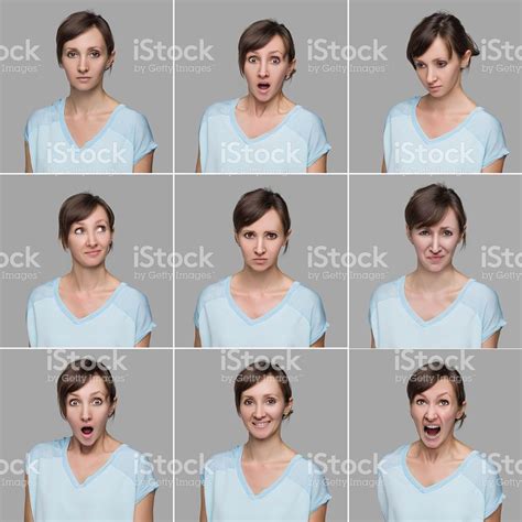 Young Woman Making Various Different Facial Expressions Multiple