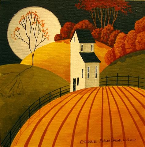 Folk Art Landscape Autumn Full Moon Harvest Farm Country Land Arte