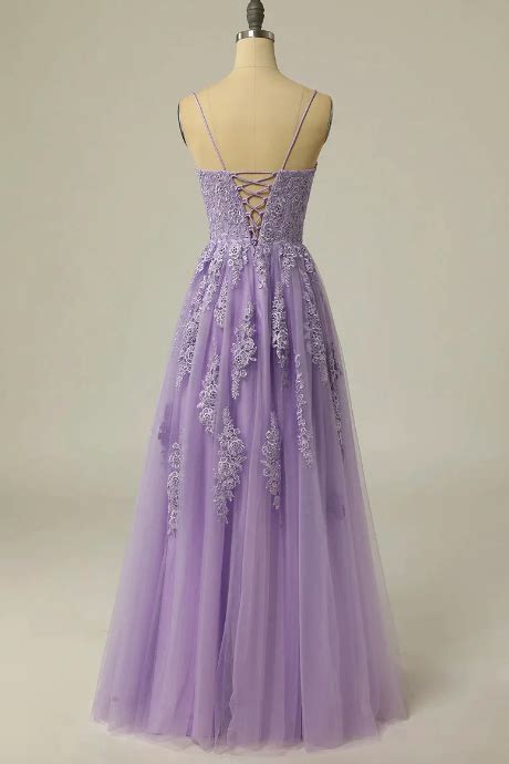 Purple Prom Dresses Lace Prom Dresses A Line Evening Dress Tulle
