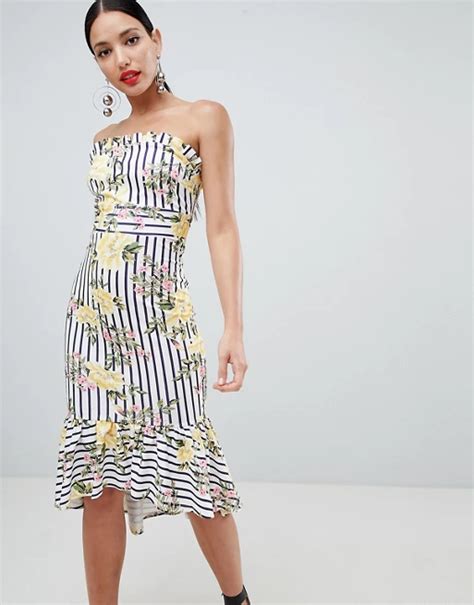 Asos Design Stripe Floral Scuba Bandeau Midi Dress Asos Mode Online
