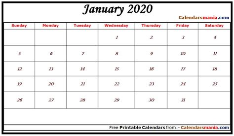 January 2020 Calendar Landscape Landscape Calendar Calendar