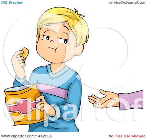 Clipart Of A Cartoon Blond Caucasian Boy Eating Chips And Not Sharing
