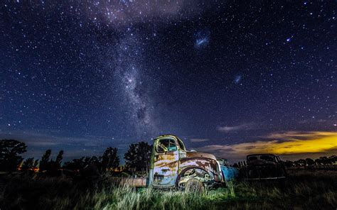 Stars Night Galaxy Milky Way Trucks Abandon Deserted Classic Car