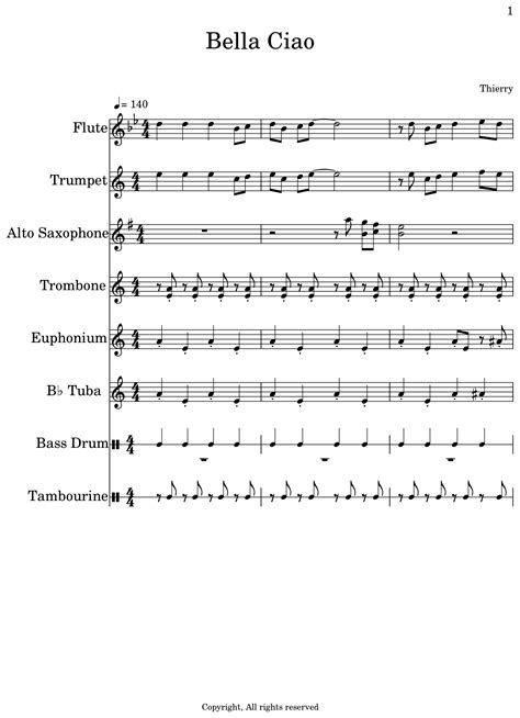 Bella Ciao Sheet Music For Flute Trumpet Alto Saxophone Trombone