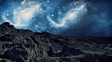 Rock Mountain Under Luminous Galaxies Hd Galaxy Wallpapers Hd