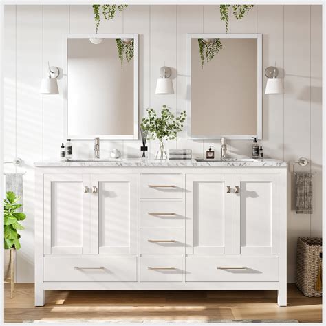 Buy Eviva London 60 X 18 Inch White Transitional Double Sink Bathroom Vanity With White Carrara