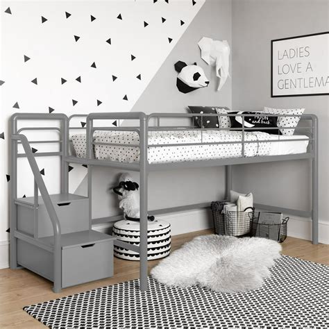 Dhp Junior Metal Loft Bed With Storage Steps Twin Size Silvergray