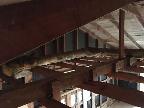 This joint prevents the attic dek rectangles from being placed adjacent to the joint because the tabs on the outside of the rectangle do not have the space to overlap the floor joists. Image result for sagging ceiling joists strongback Attic ...