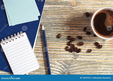 Notepad And Cup Of Coffee Stock Photo Image Of Pencil 73679742