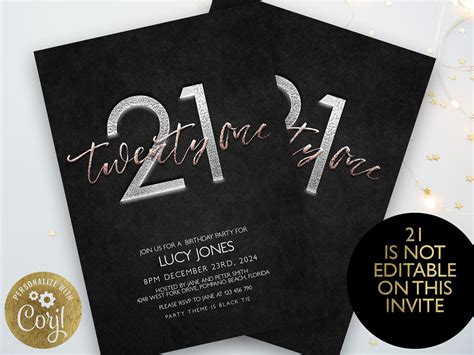 21st Birthday Invitation Editable Template Twenty One Invite Etsy Uk