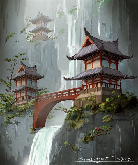 Japanese Temple By E Sketches On Deviantart Paisagem Chinesa