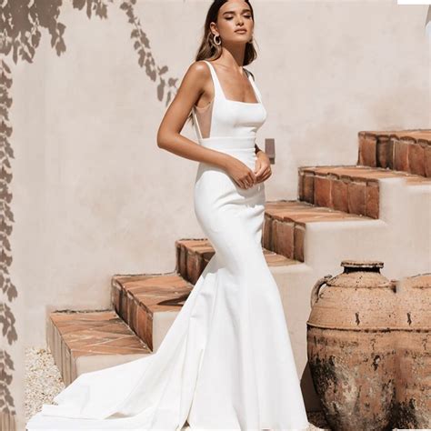 simple plain mermaid wedding dress 2021 custom made for women white elegant sexy square collar