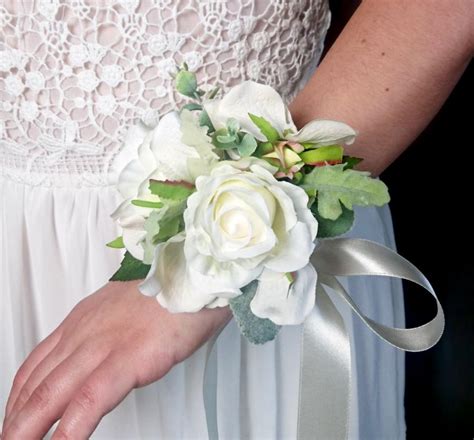 Wedding Wrist Corsage Realistic Silk Flowers Roses Dusty Miller Flocked