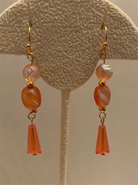 Handmade Goldtone Dangle Earrings With Vintage Orange And Aurora