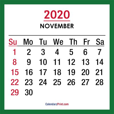 2020 Monthly Calendars Printable Free Sunday Start Green
