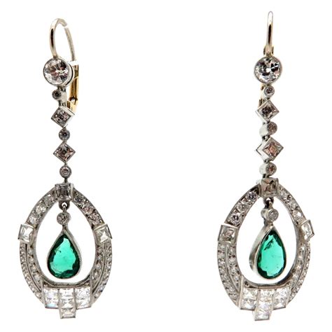 Estate Art Deco Style Platinum And 18K Diamond Emerald And Onyx Dangle