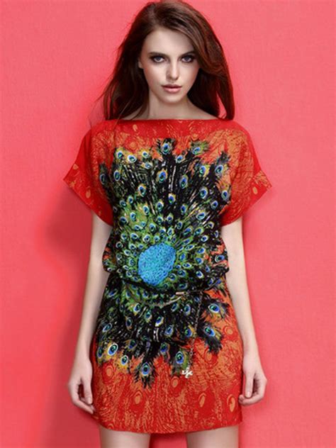Red Peacock Print Dress Peacock Print Dress Feather Fashion Printed