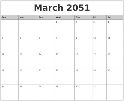 March 2051 Monthly Calendar Printable