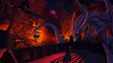 Wallpaper Digital Art Fantasy Art Dragon Sailing Ship Red Eyes