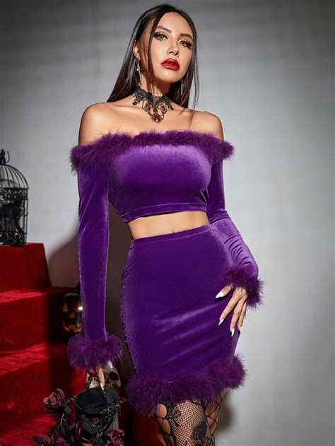 fuzzy trim off shoulder crop velvet top and bodycon skirt glamorous outfits body con skirt