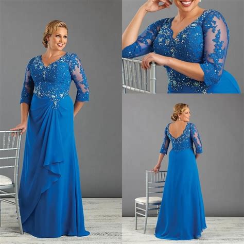 Royal Blue Long Mother Of The Bride Dresses Plus Size Chiffon Lace Appliques Evening Dresses V