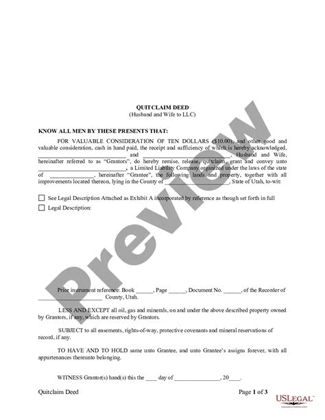Utah Quitclaim Deed From Husband And Wife To Llc Husband Wife Llc